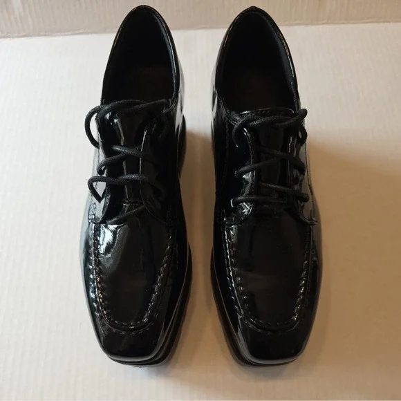 Women's Daiyaer Chunky Platform Shoes Black Brown Size 6 EU 36 Patten Leather - Picture 3 of 11